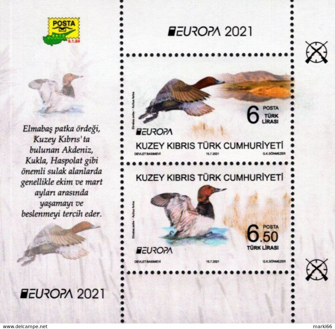 Northern Cyprus - 2021 - Europa CEPT - Endangered National Wildlife - Common Pochard - Mint Souvenir Sheet - Unused Stamps