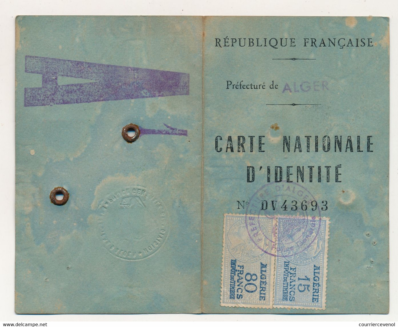 Carte Nationale D'Identité émise En ALGERIE (Préfecture D'Alger) - Fiscaux Type Daussy 15F Et 80F Impôt Du Timbre - Other & Unclassified