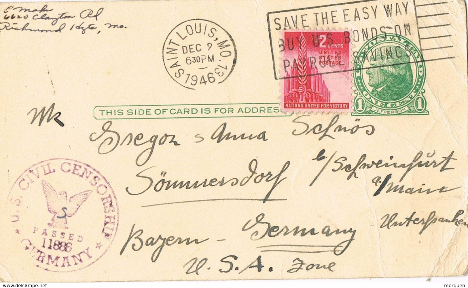 41560. Entero Postal SAINT LOUIS (Mo) 1946. Save Bonds. Civil CENSOR Germany. Censura War World - 1941-60