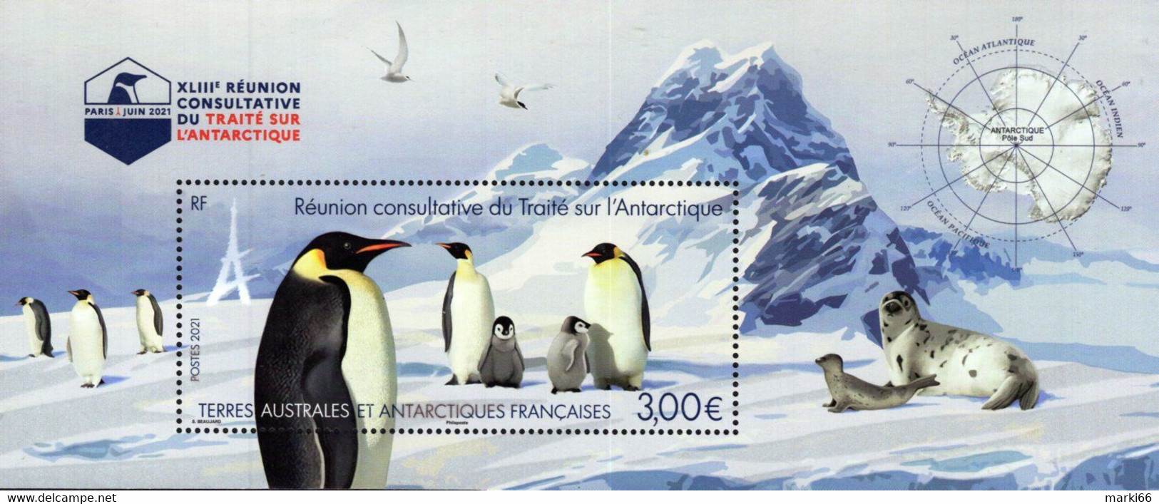 TAAF - 2021 - Antarctic Treaty Meeting In Paris - Penguins And Seals - Mint Souvenir Sheet With Varnish - Unused Stamps