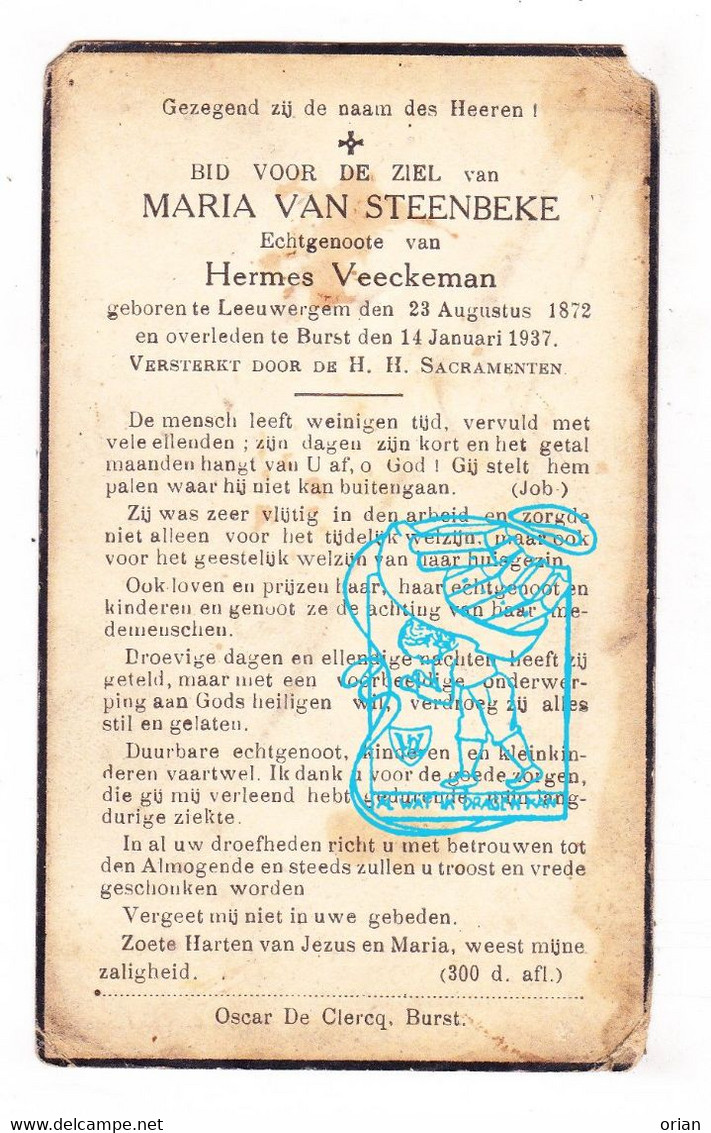 DP Maria Van Steenbeke ° Leeuwergem Zottegem 1872 † Burst Erpe-Mere 1937 X Hermes Veeckman - Devotion Images