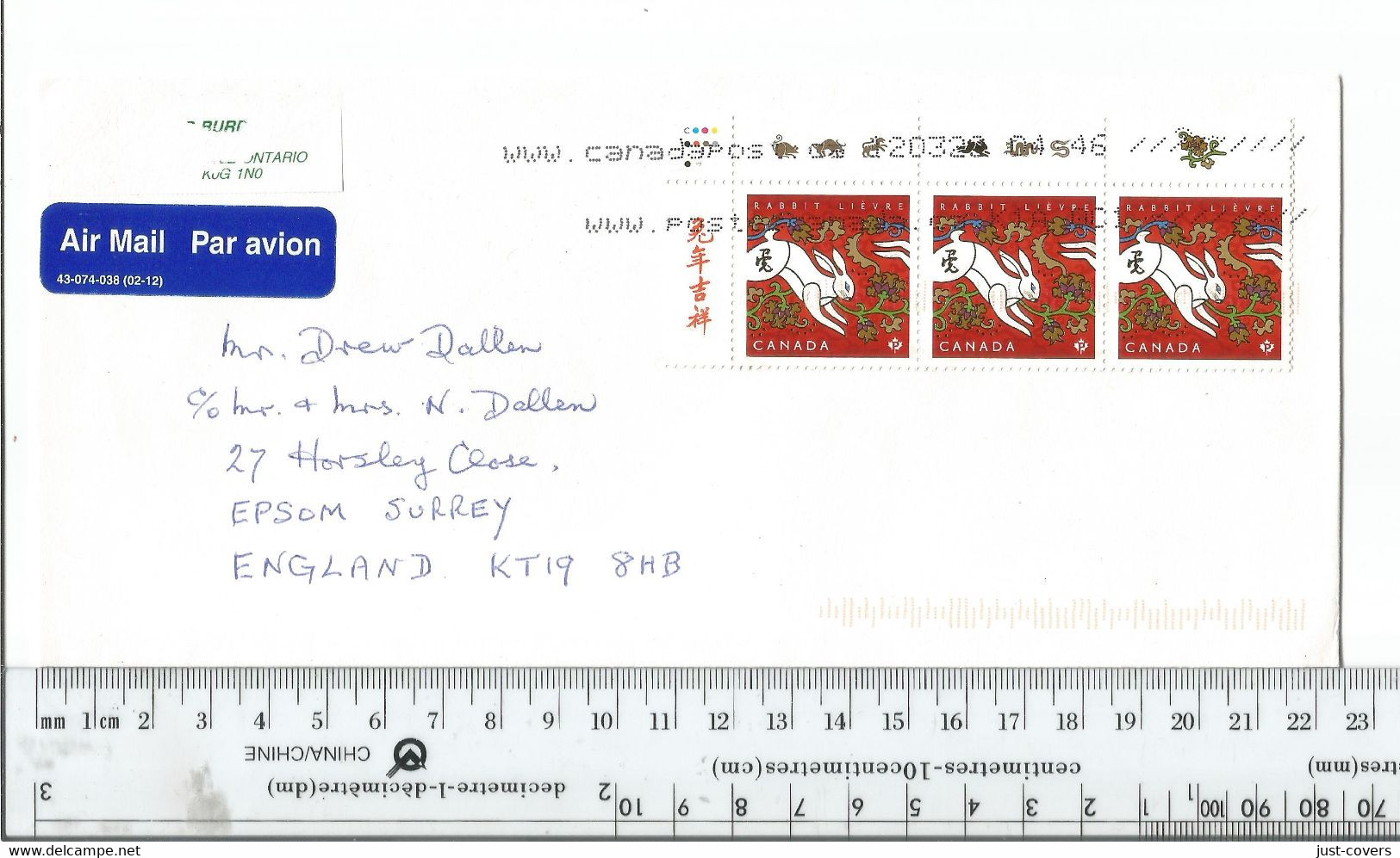 Canada Year Of The Rabbit UL Corner Strip Of 3 To Epsom UK ...........................(Box 8) - Covers & Documents