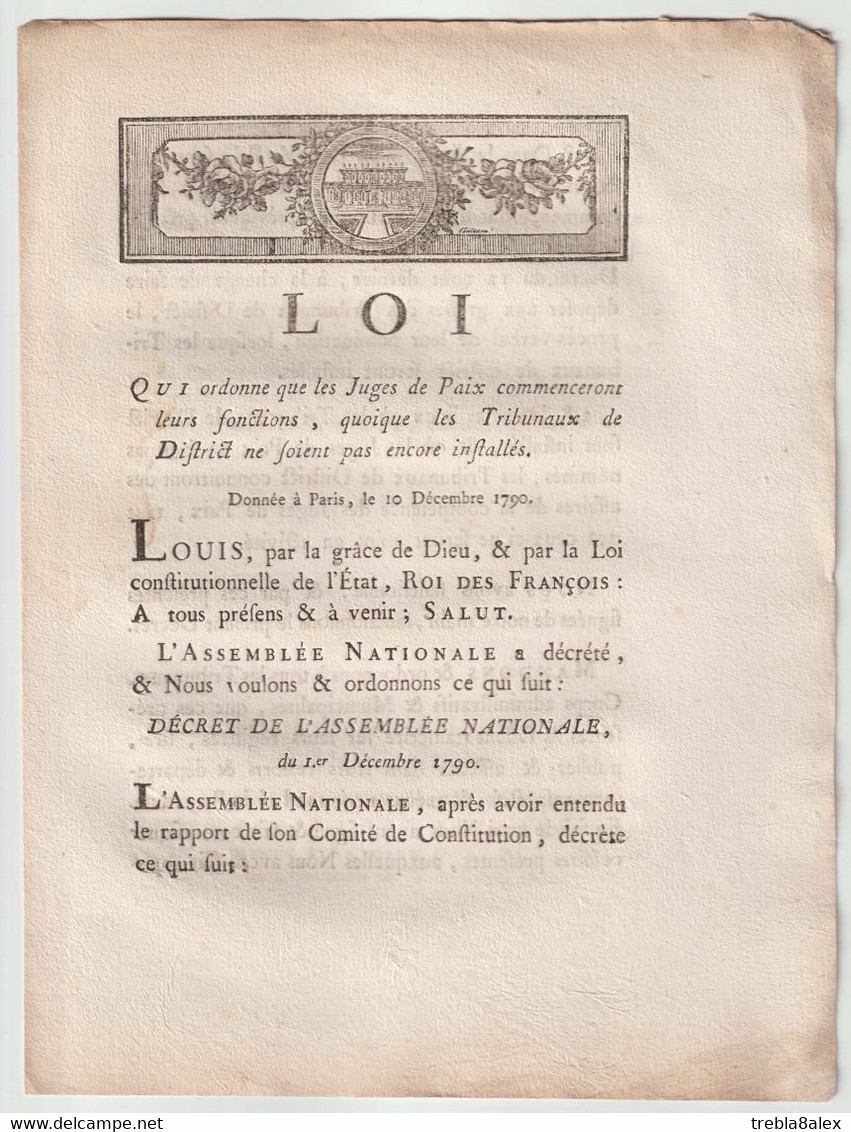 1790, Loi Qui Ordonne Que Les Juges De Paix Commenceront Leurs Fonctions... - Décrets & Lois