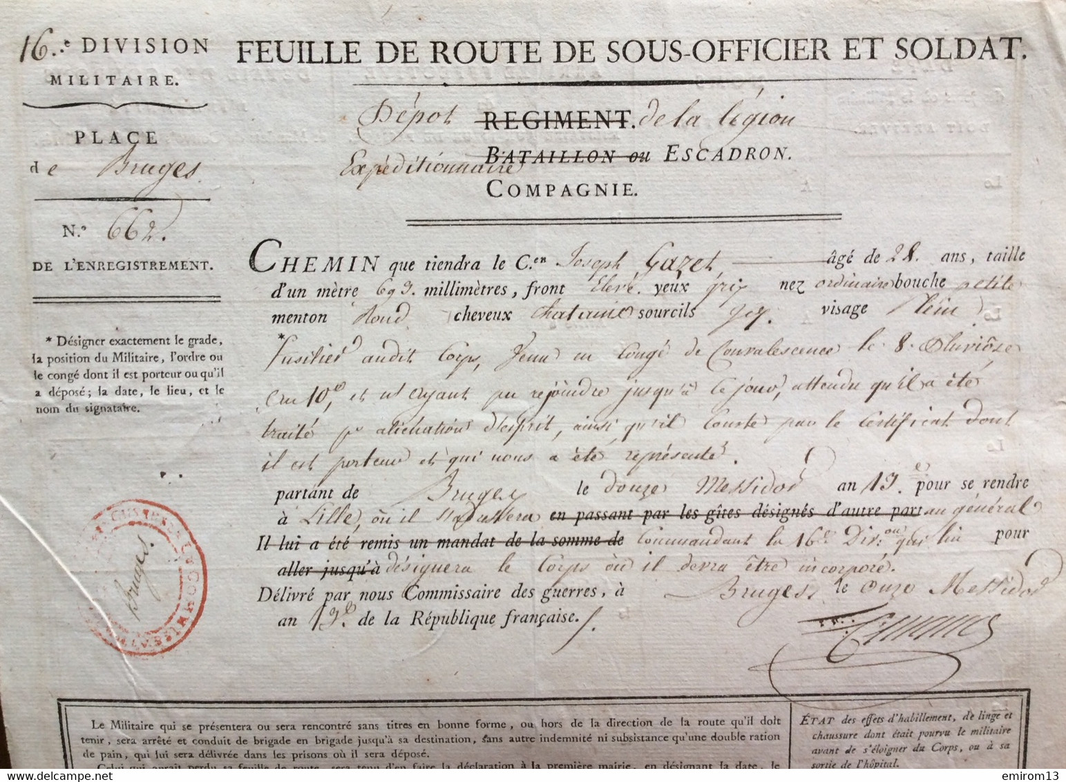 Feuille De Route De Sous Officier Et Soldat Place De Bruges Vers Lille 16eme Division Militaire 1810 - Documenti