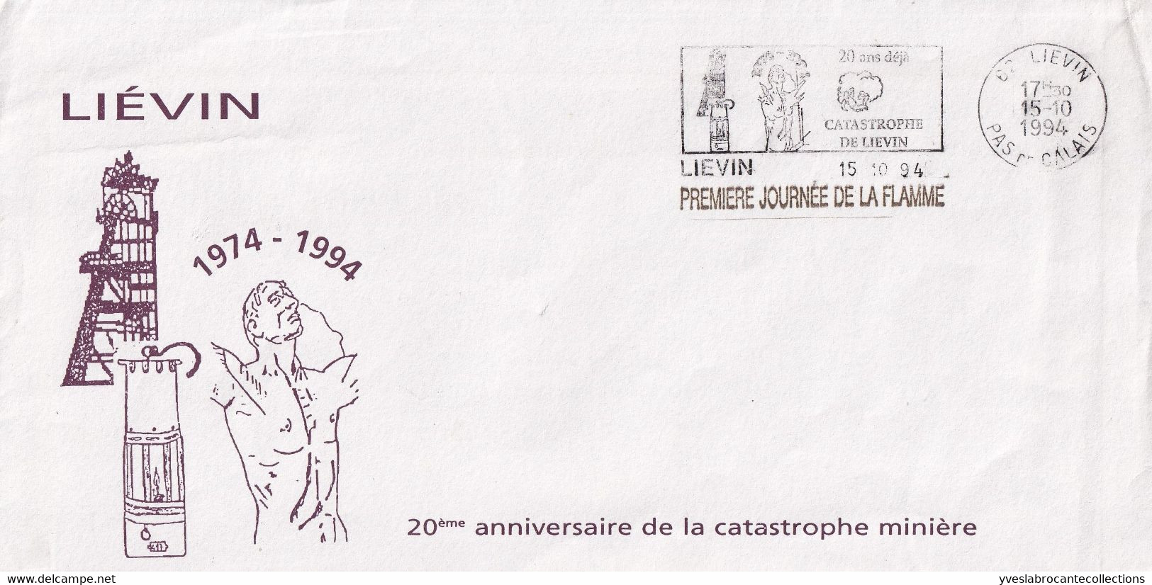 Liévin - 62 -  - Sur Enveloppe Commémorative Catastrophe Minière 1974 -  1ère Journée Flamme 20 Ans Déjà ... -15/10/94 - Annullamenti Meccanici (pubblicitari)