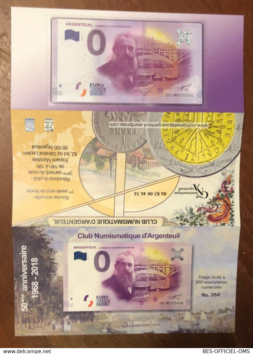 2017 BILLET 0 EURO SOUVENIR DPT 95 ARGENTEUIL ENCART N°1 ZERO 0 EURO SCHEIN BANKNOTE PAPER MONEY BANK - Essais Privés / Non-officiels