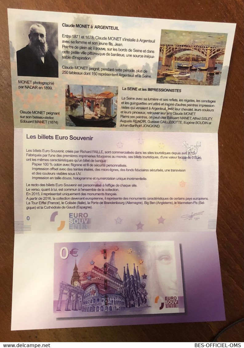 2017 BILLET 0 EURO SOUVENIR DPT 95 ARGENTEUIL ENCART N°1 ZERO 0 EURO SCHEIN BANKNOTE PAPER MONEY BANK - Essais Privés / Non-officiels