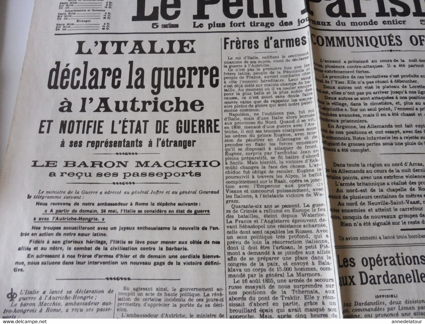 24 Mai 1915 LE PETIT PARISIEN :Italie Déclare Guerre à L'Autriche; Navire Turc De 4000 Hommes Coulé Aux Dardanelles;etc - Le Petit Parisien