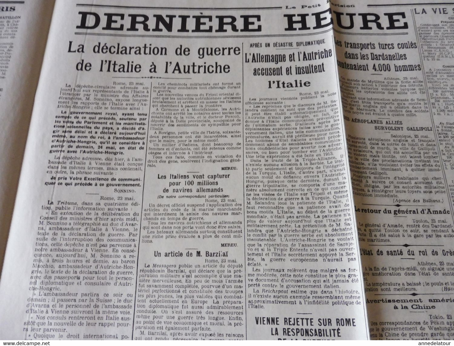 24 mai 1915 LE PETIT PARISIEN :Italie déclare guerre à l'Autriche; Navire turc de 4000 hommes coulé aux Dardanelles;etc