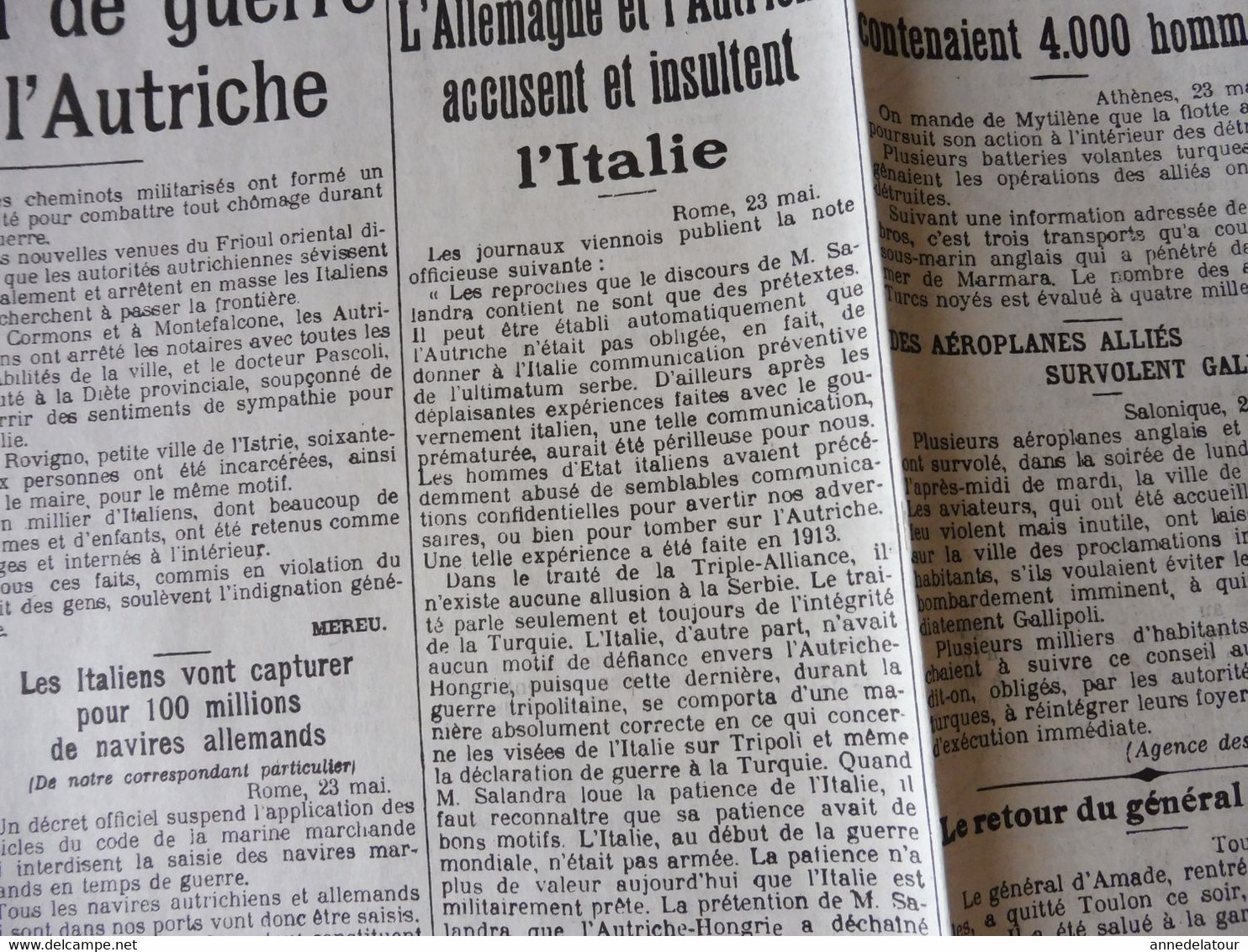 24 mai 1915 LE PETIT PARISIEN :Italie déclare guerre à l'Autriche; Navire turc de 4000 hommes coulé aux Dardanelles;etc