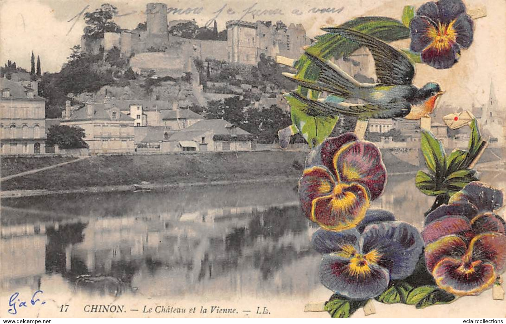 Chinon     37      Le Château Et La Vienne Agrémenté D'un Collage De Pensées Et Hirondelle   (voir Scan) - Chinon