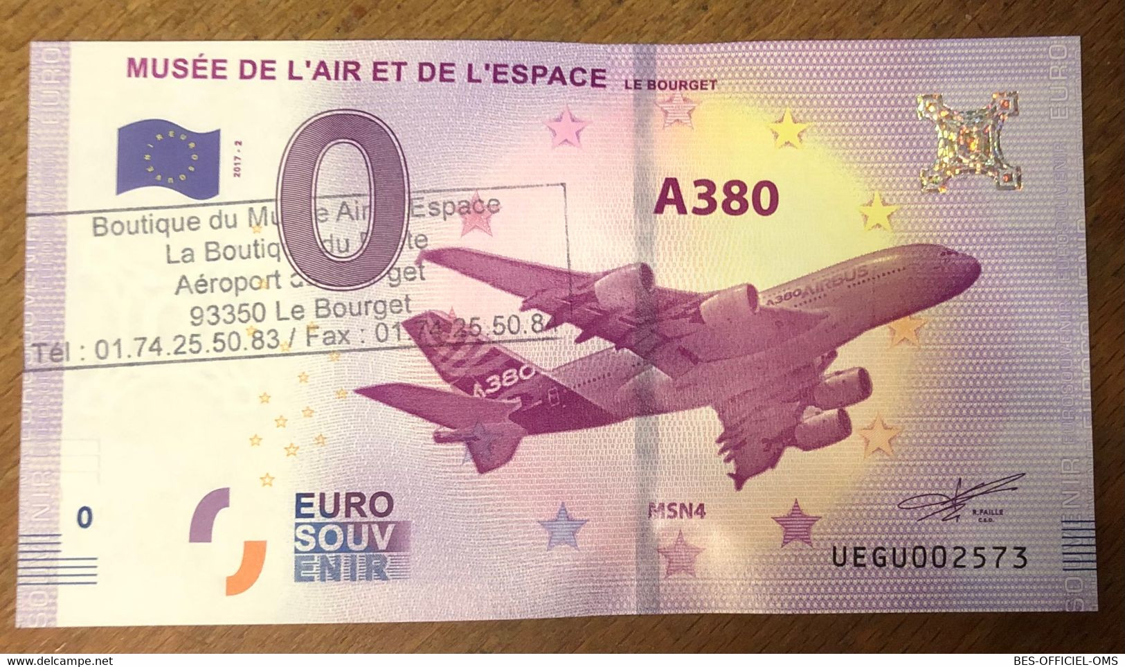 2017 BILLET 0 EURO SOUVENIR DPT 93 LE BOURGET MUSÉE DE L'AIR A380 + TAMPON ZERO 0 EURO SCHEIN BANKNOTE PAPER MONEY BANK - Privatentwürfe