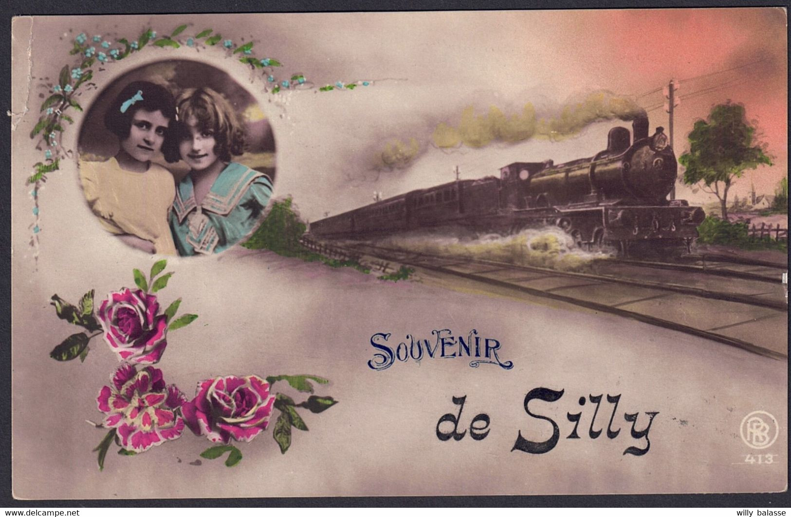 +++ CPA - Souvenir De SILLY - Train - Enfant - Fleur Rose  // - Silly