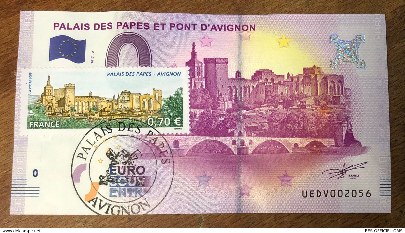 2017 BILLET 0 EURO SOUVENIR DPT 84 PALAIS DES PAPES ET PONT D'AVIGNON + TIMBRE ZERO 0 EURO SCHEIN BANKNOTE MONEY BANK - Essais Privés / Non-officiels