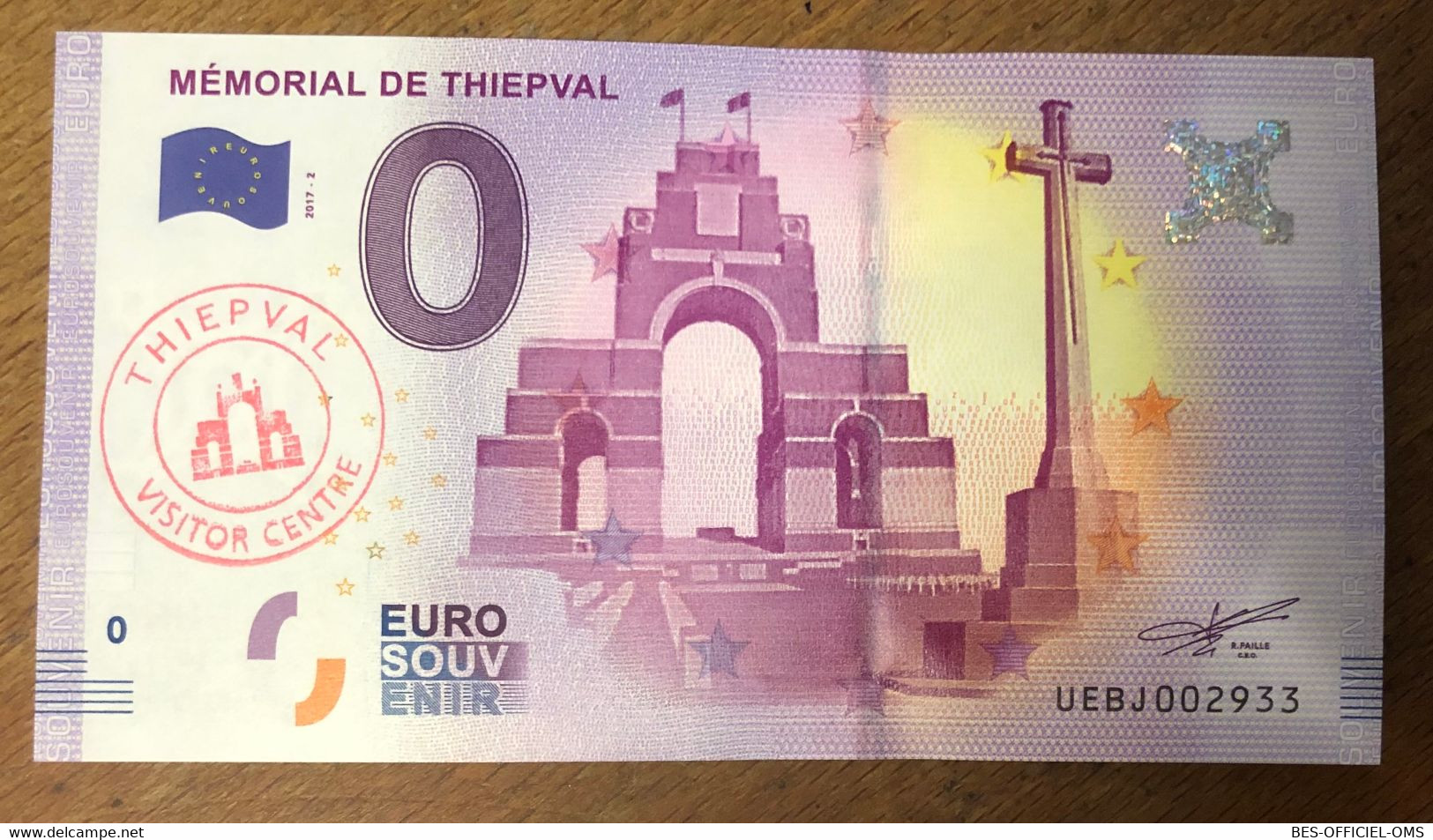 2017 BILLET 0 EURO SOUVENIR DPT 80 MÉMORIAL DE THIEPVAL + TAMPON ZERO 0 EURO SCHEIN BANKNOTE PAPER MONEY BANK - Privatentwürfe