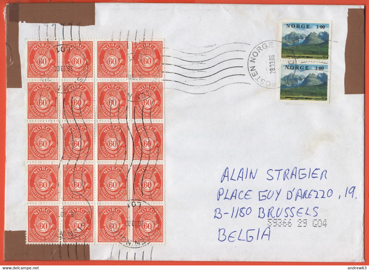 NORVEGIA - NORGE - NORWAY - 2006 - Block Of 20 X 60 + 2 X 1,00 - Medium Envelope - Viaggiata Da Tananger Per Brussels, B - Covers & Documents