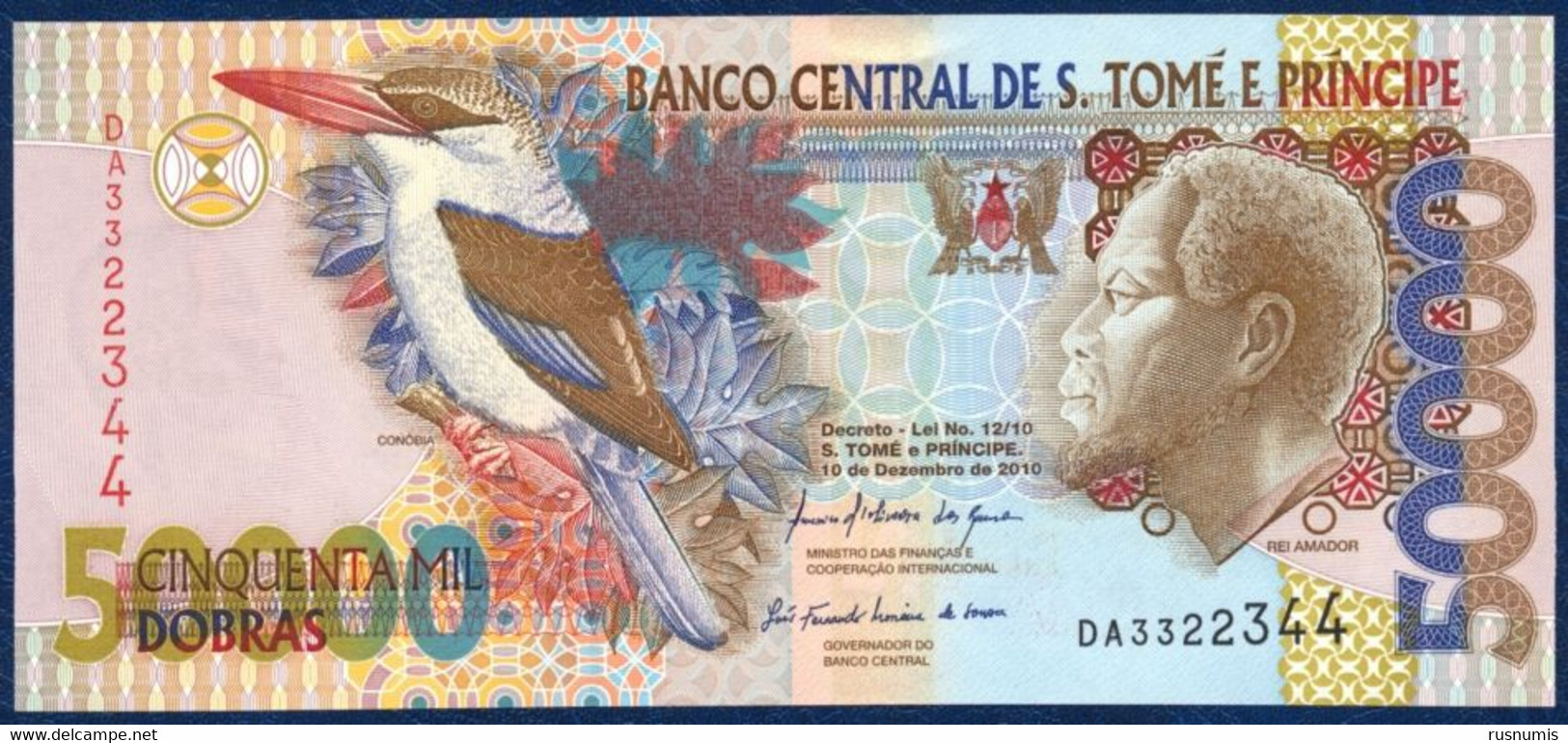 SAN TOME - SAO TOME AND PRINCIPE - ST. THOMAS 50000 DOBRAS PICK-68d Conóbia BIRD OISEAU KINGFISHER 2010 UNC - Sao Tome And Principe