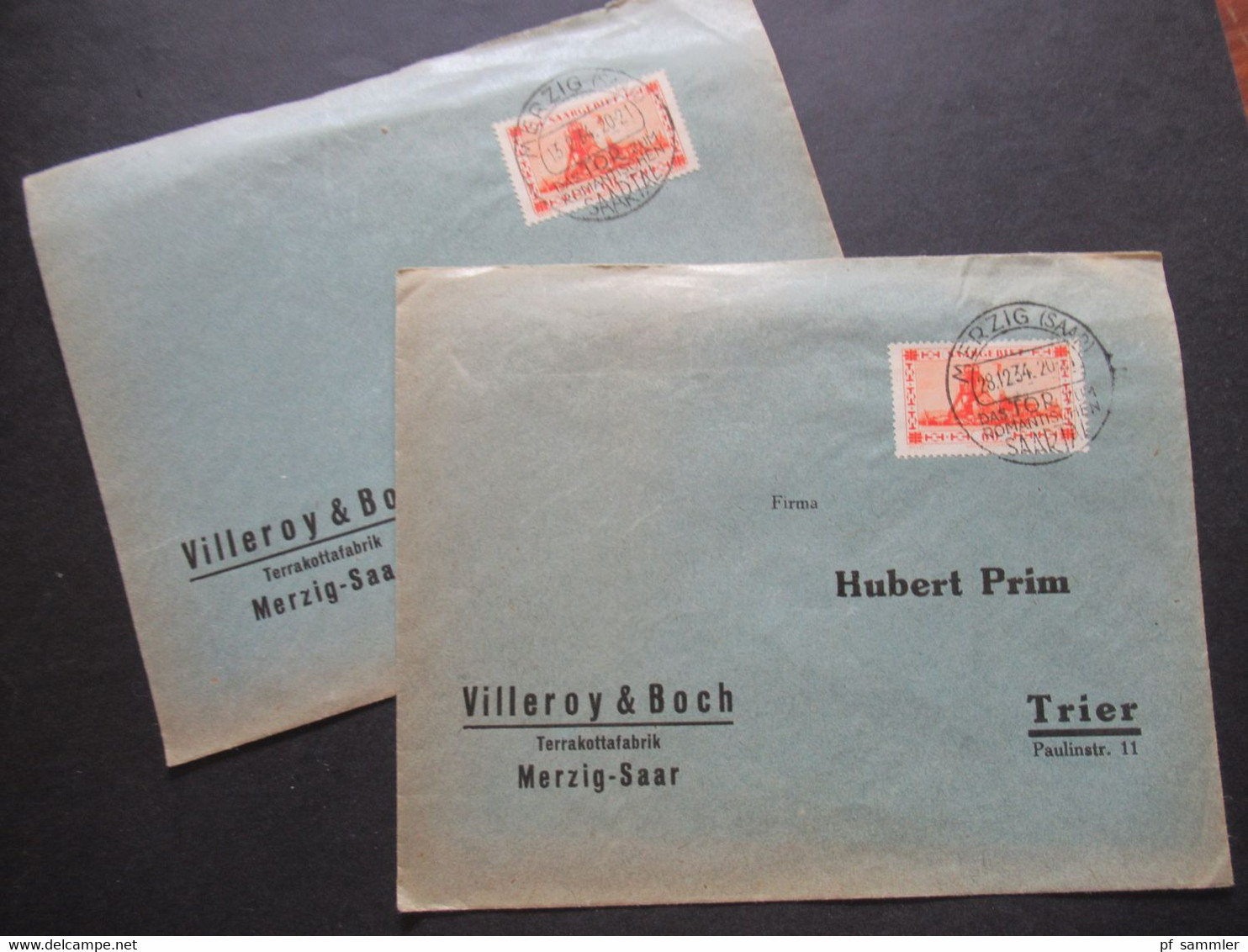 Saargebiet 1934 SST Merzig - Trier Umschlag Villeroy & Boch Terrakottafabrik Merzig Saar Thematik Porzellan - Briefe U. Dokumente