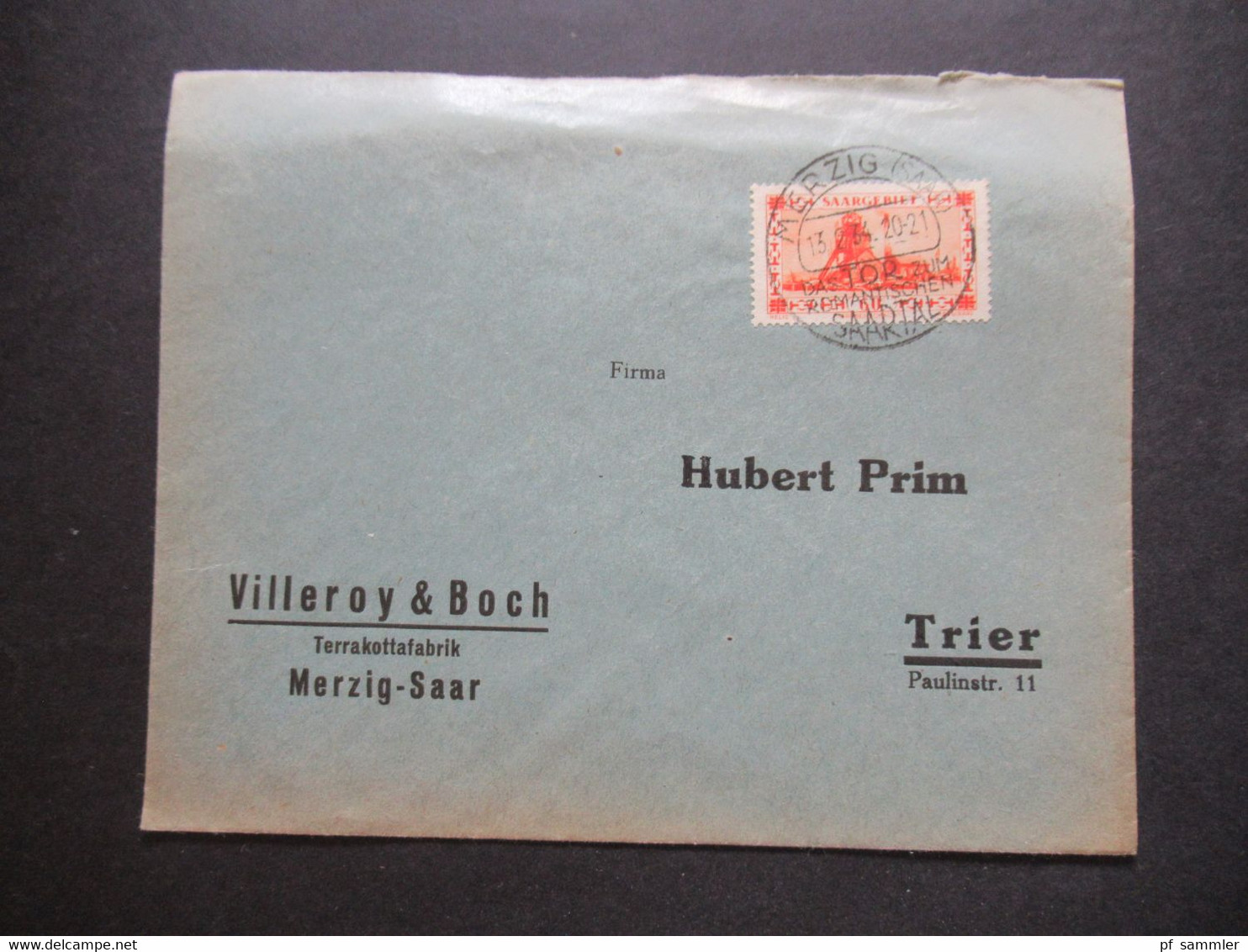 Saargebiet 1934 SST Merzig - Trier Umschlag Villeroy & Boch Terrakottafabrik Merzig Saar Thematik Porzellan