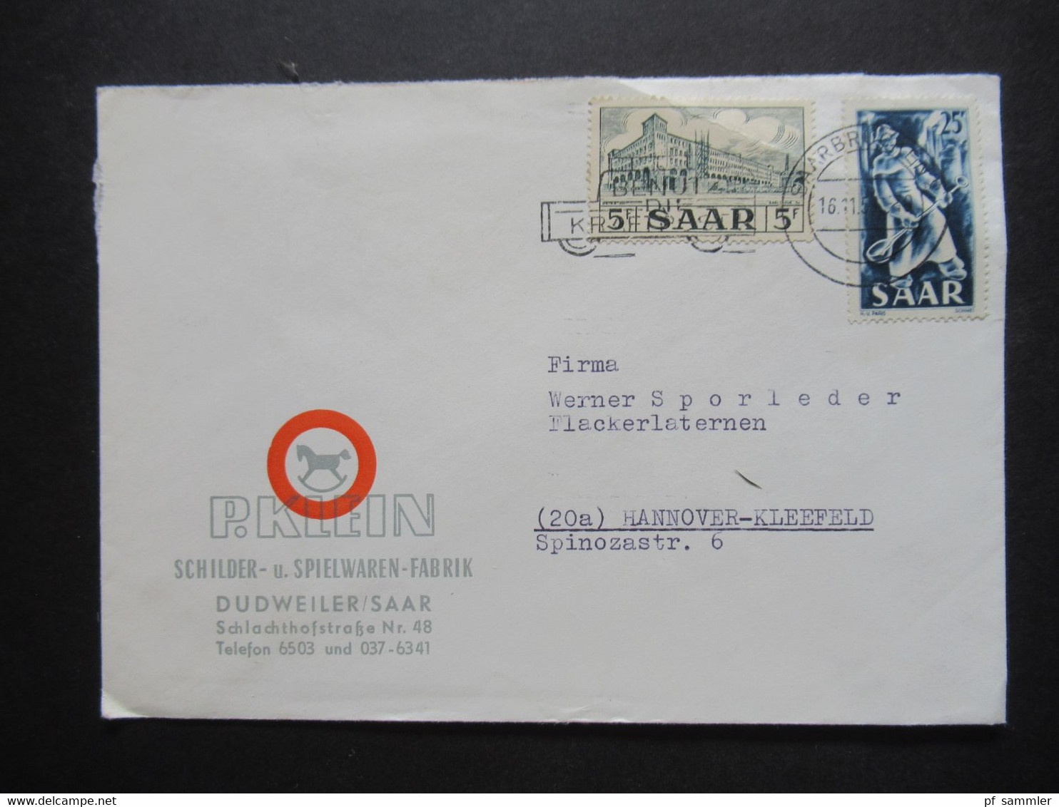 Saarland 1951 Umschlag P.Klein Schilder Und Spielwaren Fabrik Dudweiler Saar Werbestempel Benutzt Die Kraftpost - Storia Postale