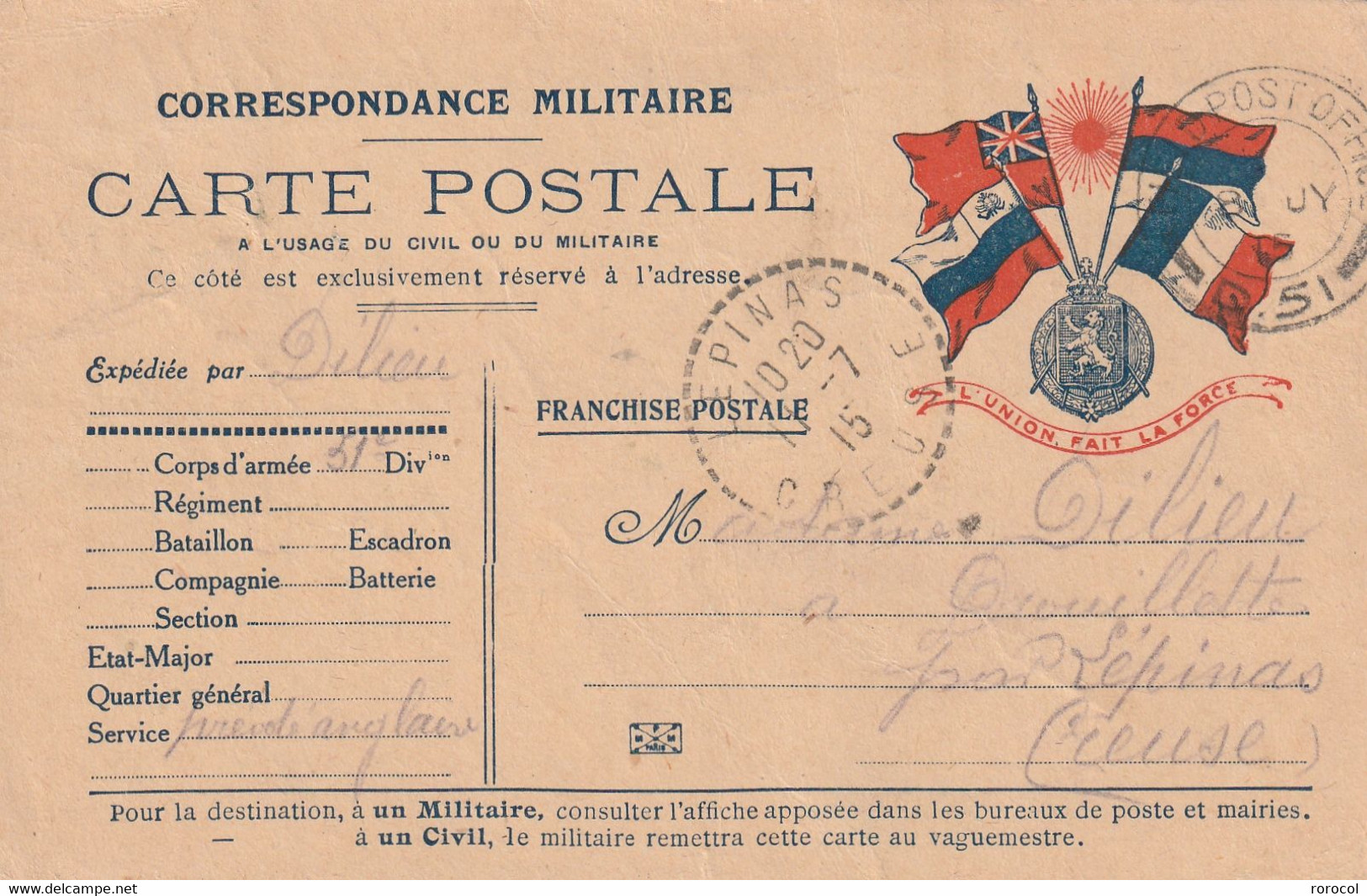 CARTE DE FRANCHISE MILITAIRE Cachet FIELD POST OFFICE Pour LEPINAS Creuse 1915 - Guerre (timbres De)