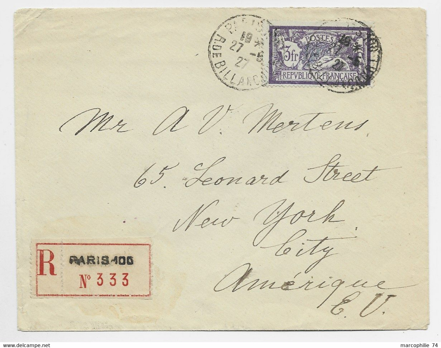 FRANCE MERSON 3FR VIOLET N° 206 SEUL LETTRE REC PARIS 27.6.1927 POUR USA AU TARIF - 1900-27 Merson