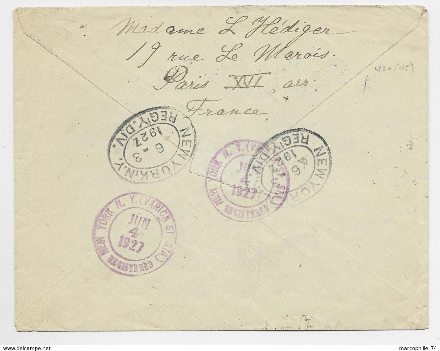 FRANCE MERSON 3FR VIOLET N° 206 SEUL LETTRE REC PARIS 27.6.1927 POUR USA AU TARIF - 1900-27 Merson