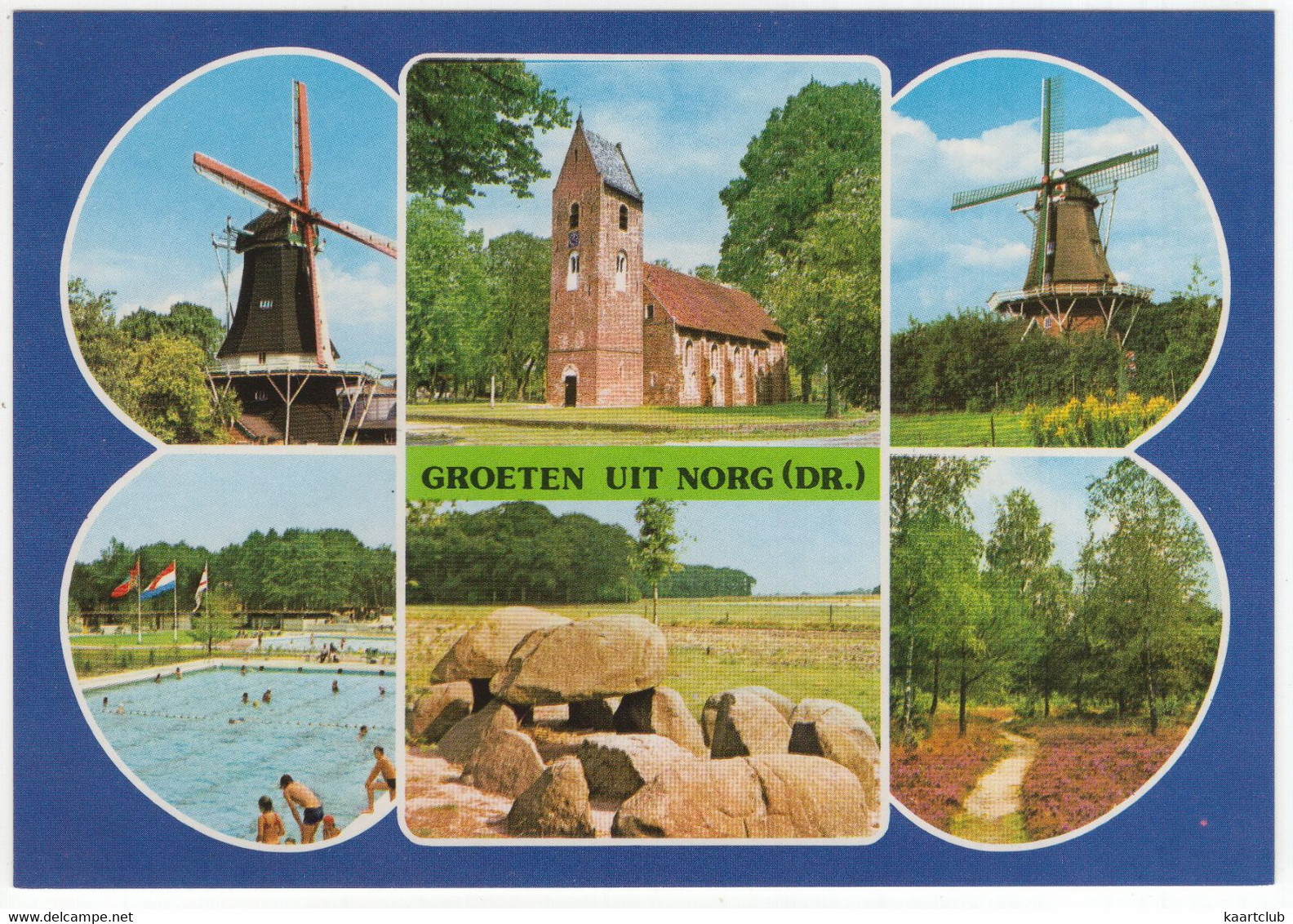 Groeten Uit Norg - Hunebed, Zwembad, 2x Molen, Kerk, Heide -  (Drenthe, Holland) - Nr. NOG 9 - Norg