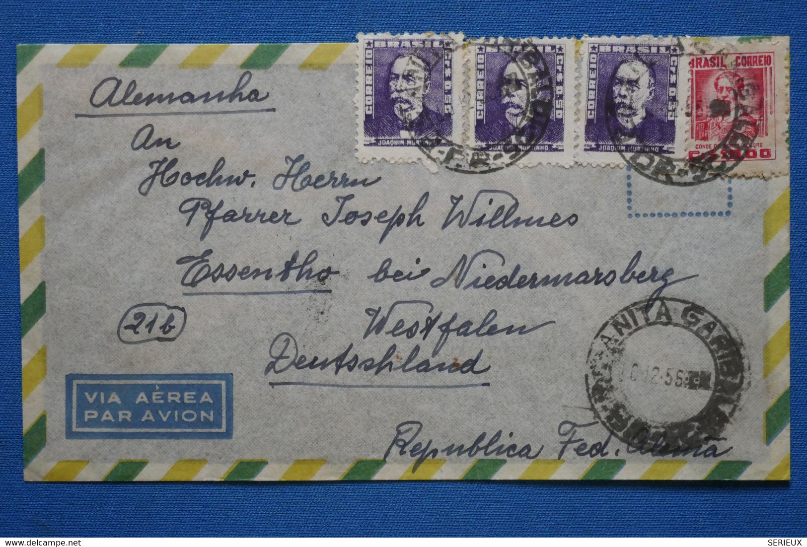 ¤8 BRAZIL  BELLE  LETTRE 1955  POUR WESFALLEN GERMANY  + +AEROPHILATELIE + PAIRE DE T.P +AFFR . INTERESSANT - Lettres & Documents