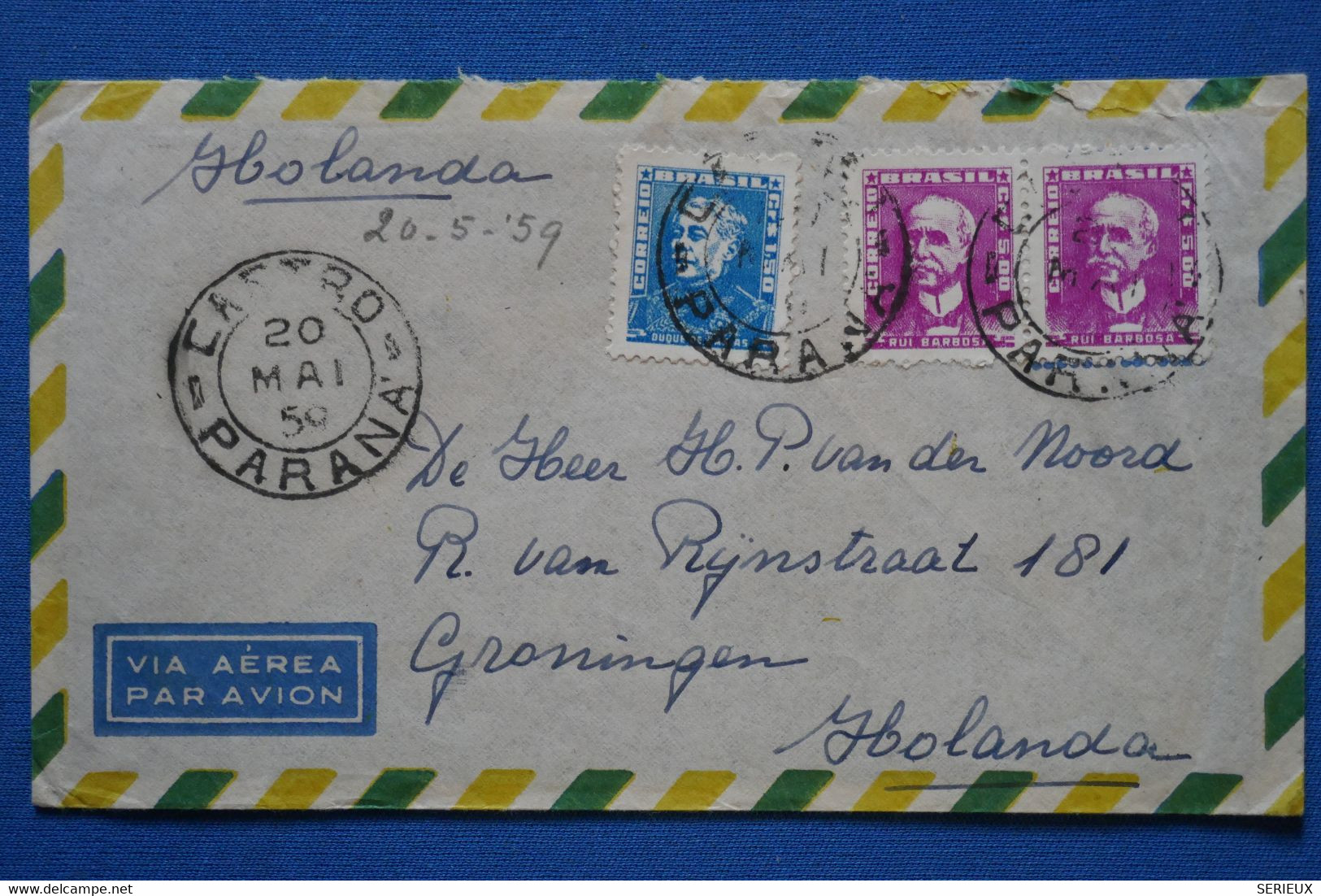 ¤8 BRAZIL  BELLE  LETTRE 1959 PARANA POUR GRONINGEN NEDERLAND + +AEROPHILATELIE + PAIRE DE T.P +AFFR . INTERESSANT - Briefe U. Dokumente