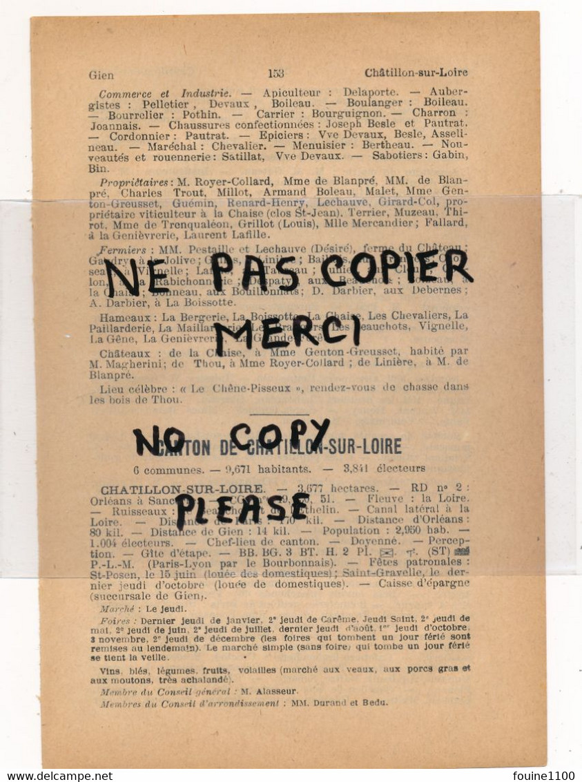 Année 1913 Canton De CHATILLON SUR LOIRE AUTRY LE CHATEL BEAULIEU SUR LOIRE PIERREFITTE ES BOIS CERNOY ( 45 Loiret ) - Ohne Zuordnung