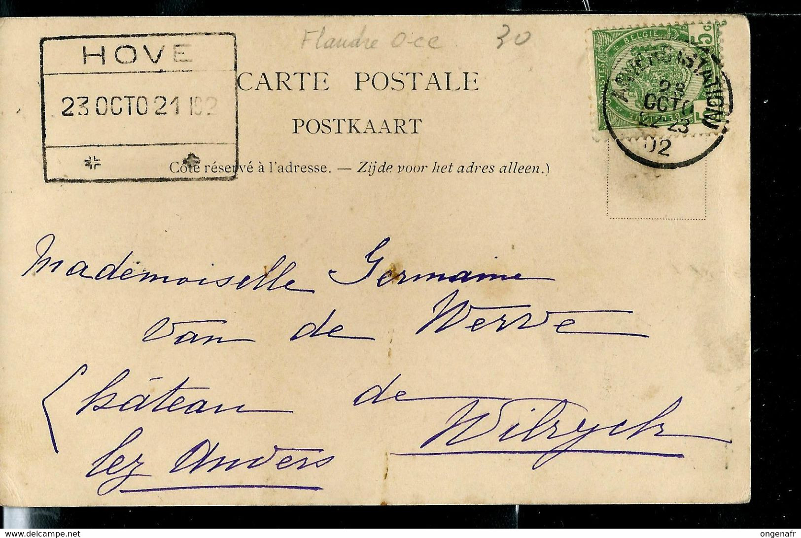 CP (Château-fort De Bavière) Obl. ANVERS (STATION) 25/10/1902 + Obl Chemins De Fer De HOVE - Landpost (Ruralpost)