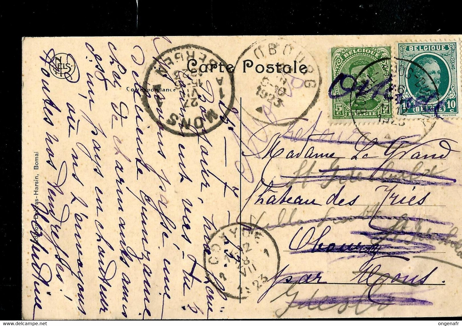 CP (Bomal-sur-Ourthe) Obl. BOMAL - SOUS - DURRU 1923 + Renvoi - Correo Rural