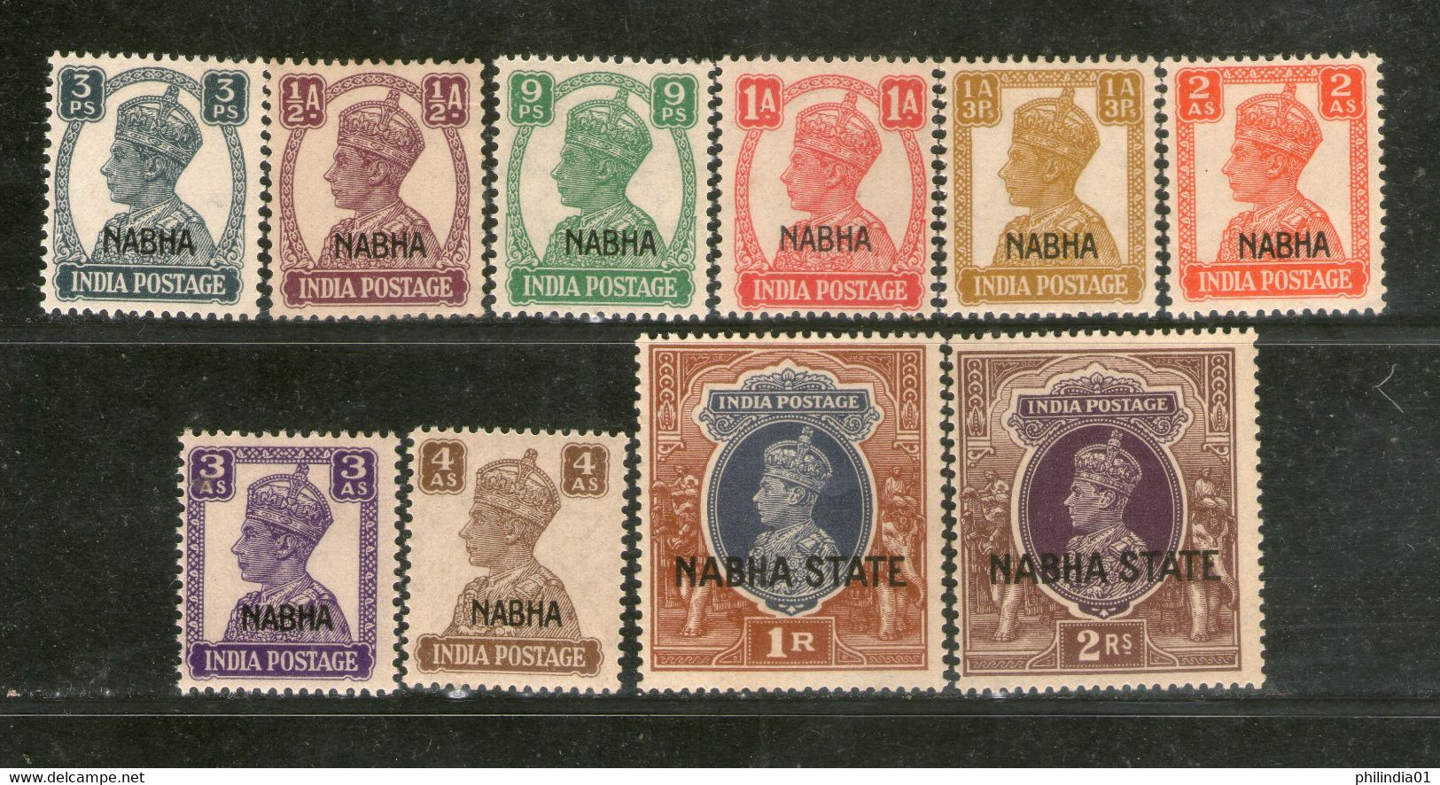 India Nabha State 10 Diff. KG VI Postage And Service Stamps Cat. £70+ MNH # 5852a - Nabha