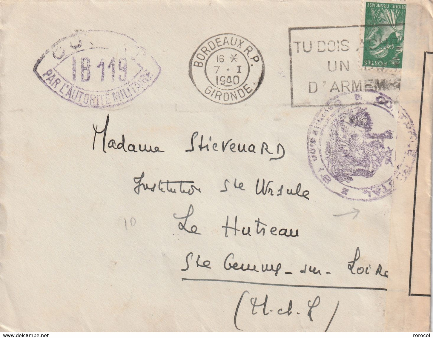 FRANCE Lettre 1940 BORDEAUX Censure - 1939-44 Iris