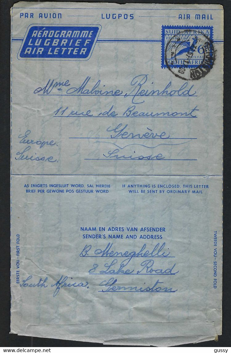 AFRIQUE DU SUD 1967: Aérogramme De Germiston Pour Genève - Poste Aérienne