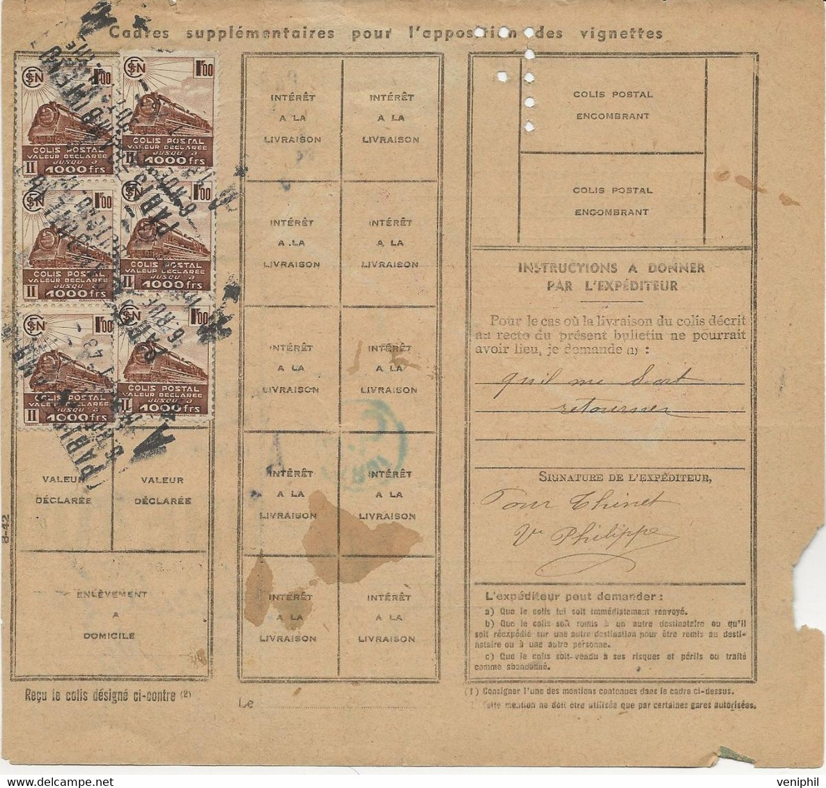 BULLETIN D'EXPEDITION COLIS POSTAL AFFRANCHIE N° 208 + N°187 A - 6 EXEMPLAIRES -OBLITERE PARIS RAMBUTEAU -1943 - Lettres & Documents