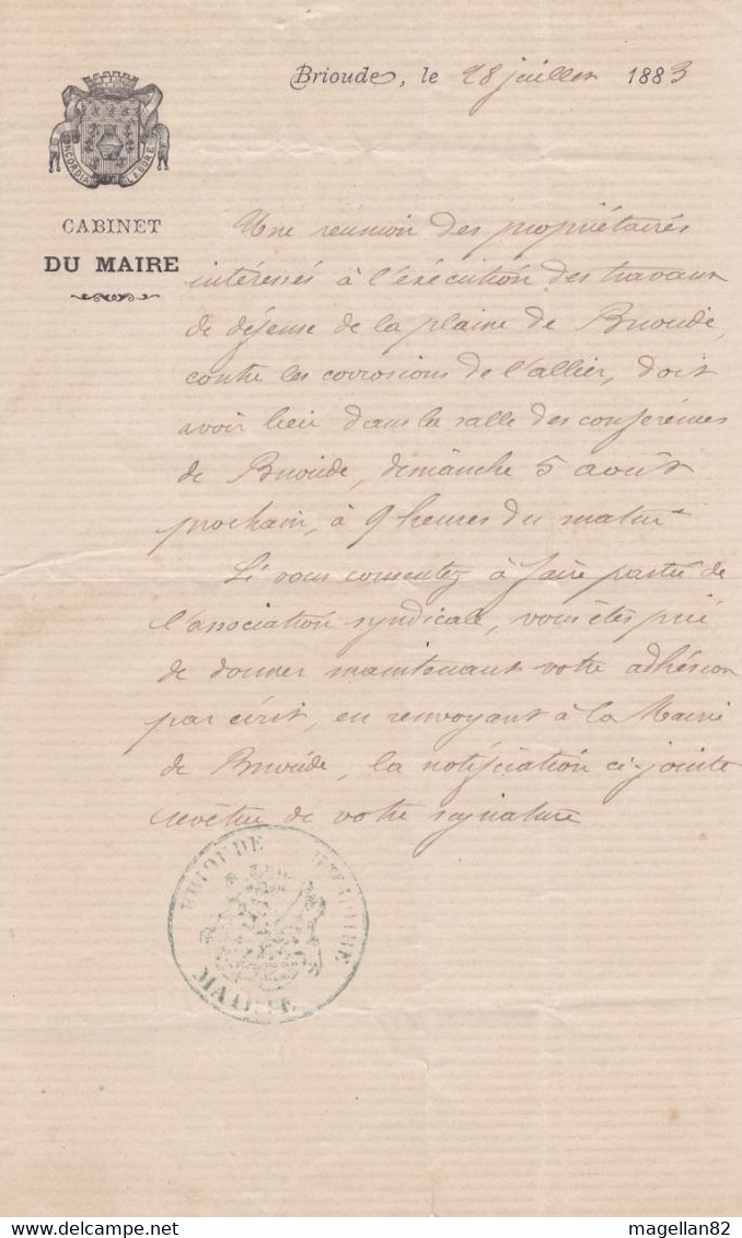 Protection Des Crues De L'Allier Au XIX. Plaine De Brioude Haute-loire. 43 100 Cabinet Du Maire. 1833 - Décrets & Lois