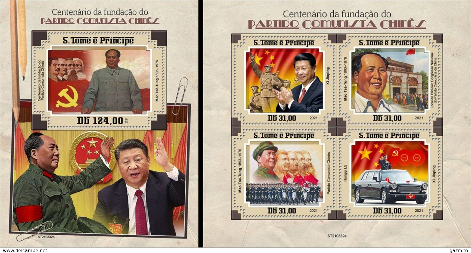 S. Tomè 2021, 100th Communist Chinese Party, Mao, Xi Jin Ping, Flag, 4val In BF +BF - Mao Tse-Tung