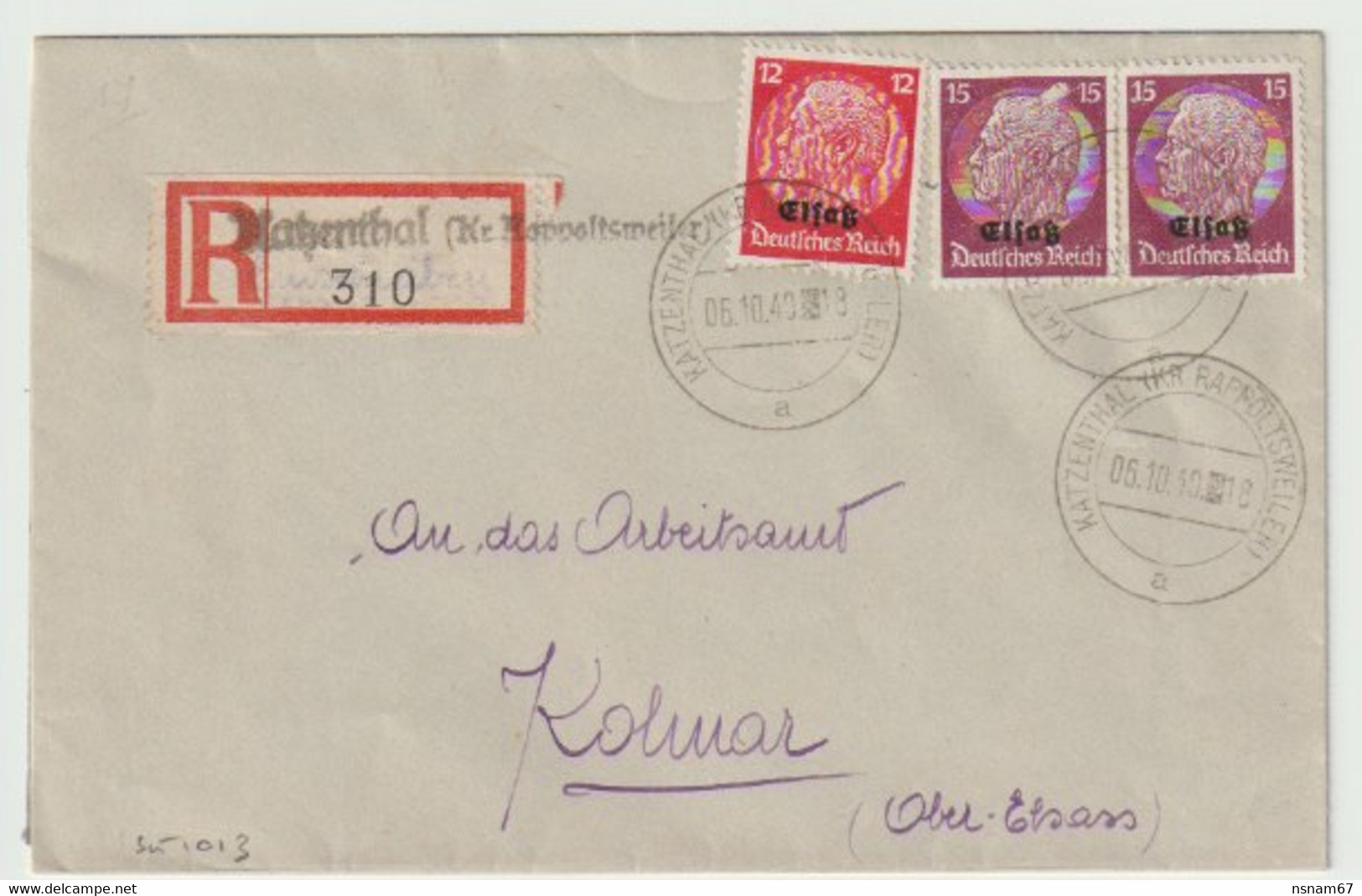 Sk1013 - KATZENTHAL (KR RAPPOLTSWEILER) - 1940 - Recommandé - Etiquette Neutre Surchargée Griffe Linéaire - - Lettres & Documents