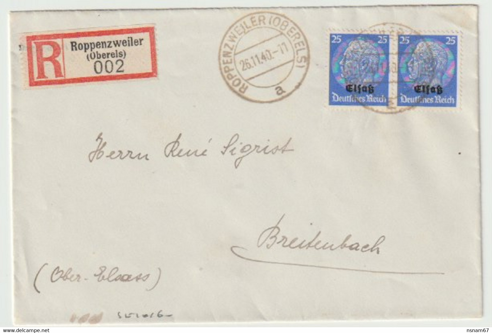 Sk1016 - ROPPENZWEILER - 1940 - Tarif 2 X 25 Pfg - Recommandé - ROPPENTZWILLER - Hindenburg Surchargé Elsass - - Lettres & Documents