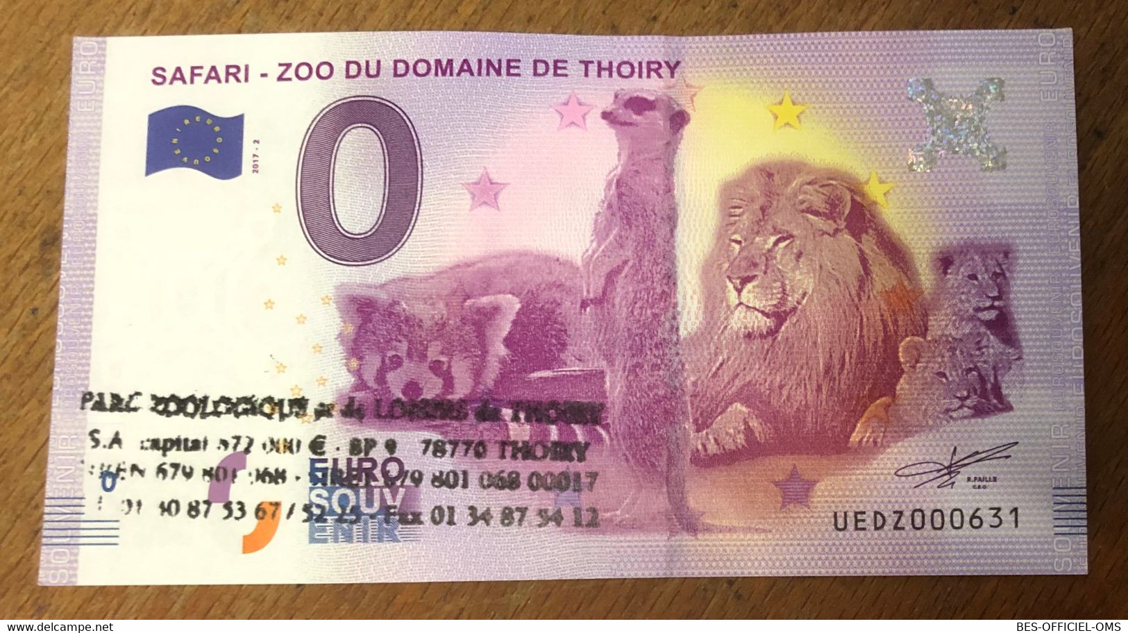 2017 BILLET 0 EURO SOUVENIR DPT 78 SAFARI ZOO DU DOMAINE DE THOIRY + TAMPON ZERO 0 EURO SCHEIN BANKNOTE PAPER MONEY BANK - Pruebas Privadas