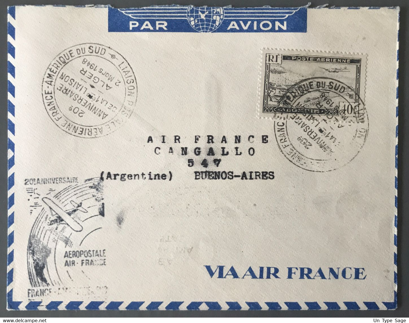 Algérie PA N°6 Sur Enveloppe 2.3.1948 Pour L'Argentine - Cachet Commémoratif Liaison France Amerique Du Sud  - (W1030) - Aéreo
