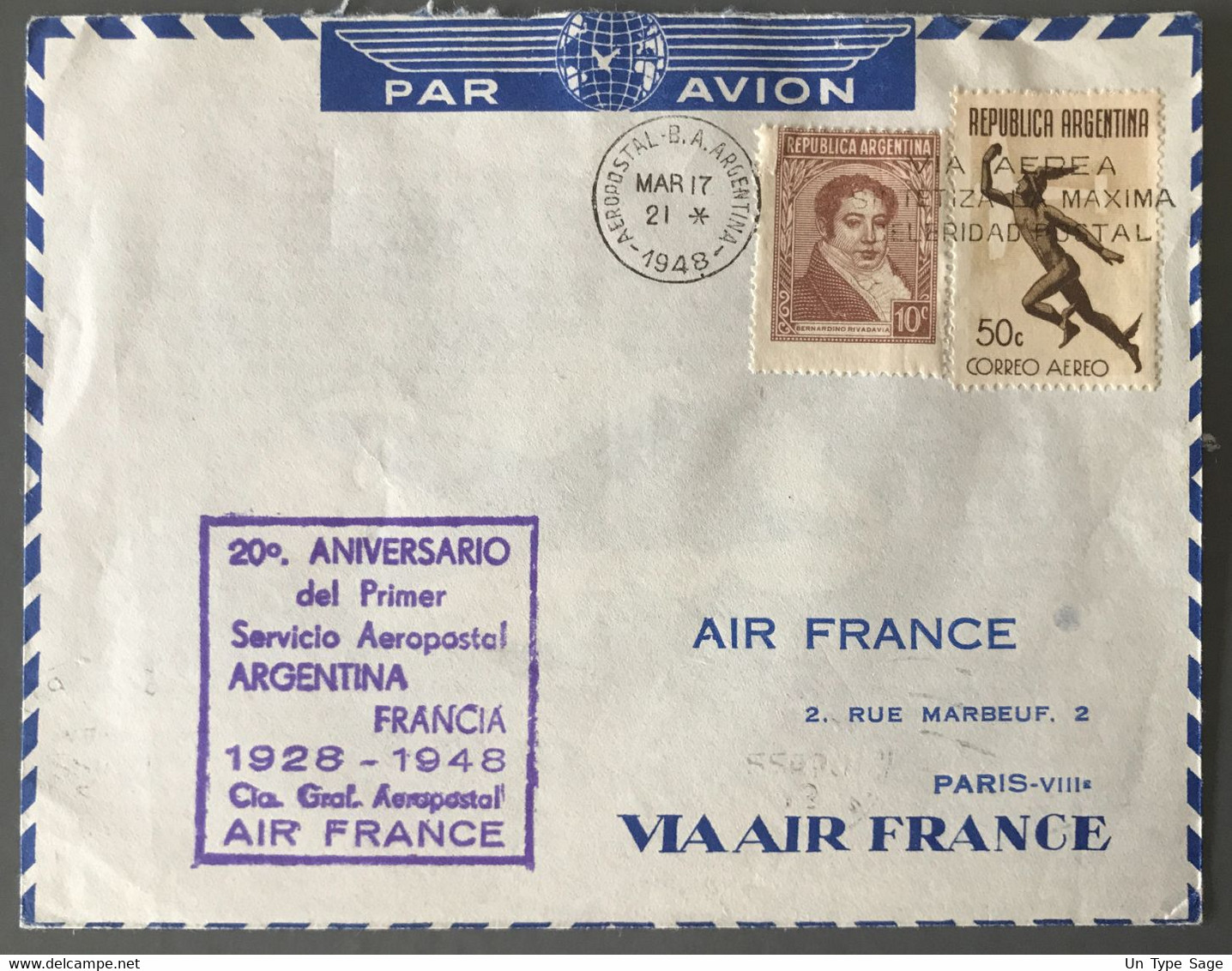 Argentine - Cachet Commémoratif 20° Anniversaire Liaison France - Amérique Du Sud 1928-1948 Sur Enveloppe - (W1031) - Lettres & Documents