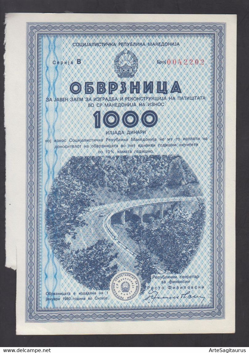 REPUBLIC OF MACEDONIA 1980, 1000 DINARS, BOND FOR BUILDING AND RECONSTRUCTION OF ROADS  (007) - Trasporti