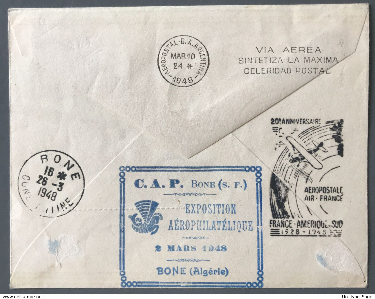 Algérie PA N°6 Sur Enveloppe 2.3.1948 Pour L'Argentine - Cachet Commémoratif Liaison France Amerique Du Sud - (W1055) - Poste Aérienne