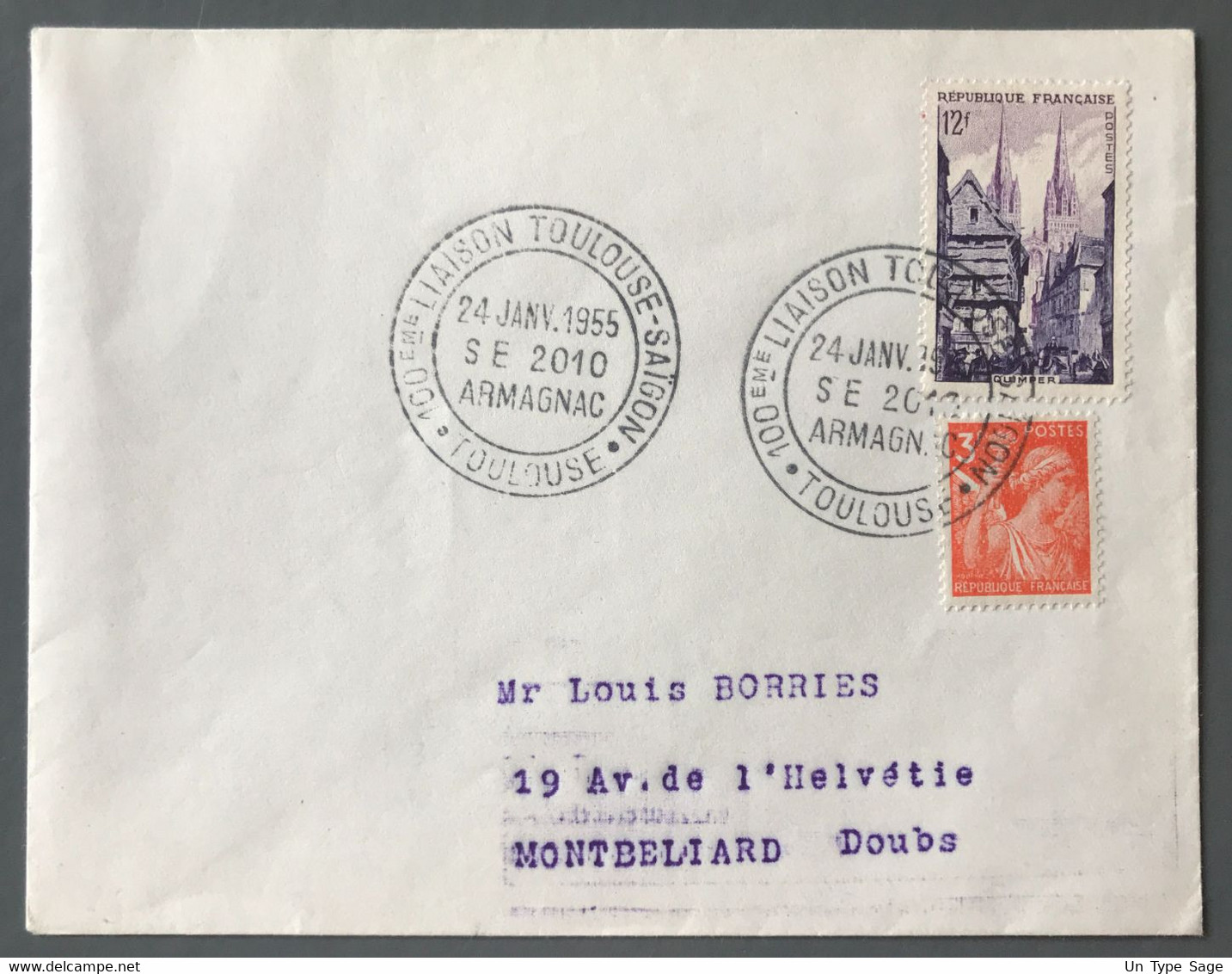 France, Cachet 100eme LIAISON TOULOUSE-SAIGON 24.1.1955 Sur Enveloppe - (W1059) - Commemorative Postmarks