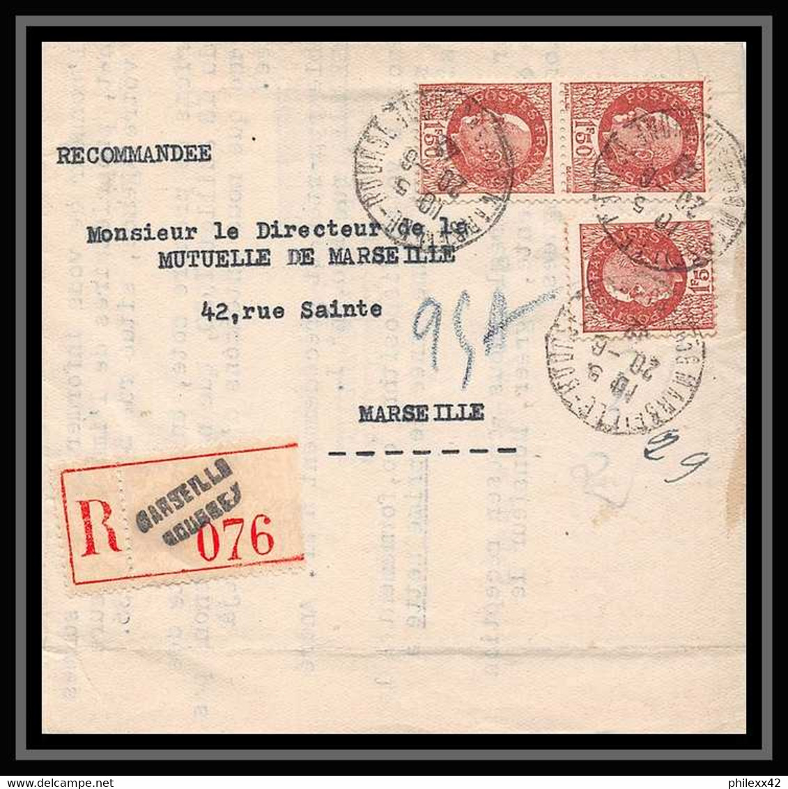 109003 Lettre Recommandé Cover Bouches Du Rhone N°517 Pétain Marseille Bourse ""Bches" - 1921-1960: Periodo Moderno