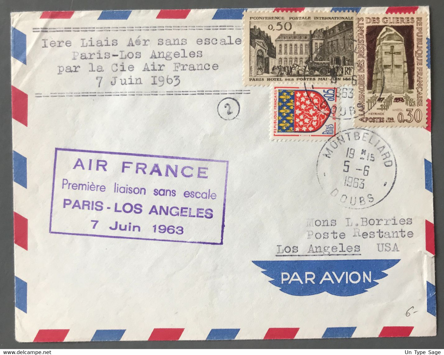 France Griffe AIR FRANCE Première Liaison Sans Escale PARIS - LOS ANGELES 7.6.1963 - (W1070) - 1960-.... Brieven & Documenten
