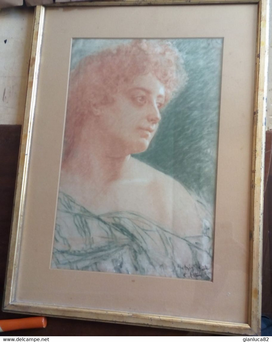 Dipinto A Pastello Su Cartoncino Volto Di Donna Firmato 1920 Ca. (D179) Come Da Foto Con Cornice Dorata E Passapartout - Pastels